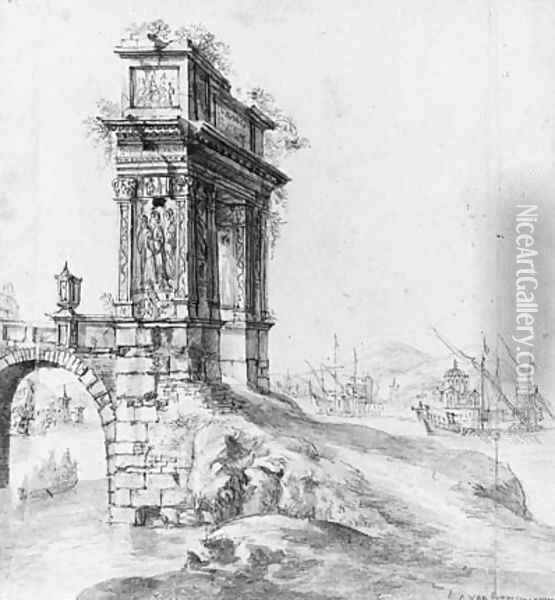 A Bridge with a classical Arch by a Mediterranean Harbour with Shipping beyond Oil Painting - Jan Abrahamsz. Beerstraten