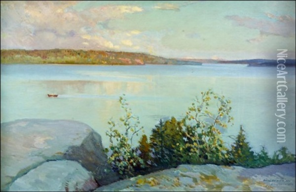 Soutaja Vesijarvella Oil Painting - Vaeinoe Haemaelaeinen