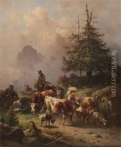 Driving The Cattle Down From The Alpine Pastures Oil Painting - Edmund Mahlknecht