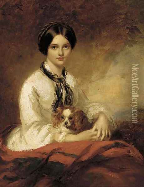 Portrait of Lady Fletcher, nee Agnes Wilson, seated half-length, in a white blouse, with a spaniel in her arms Oil Painting - Richard Buckner