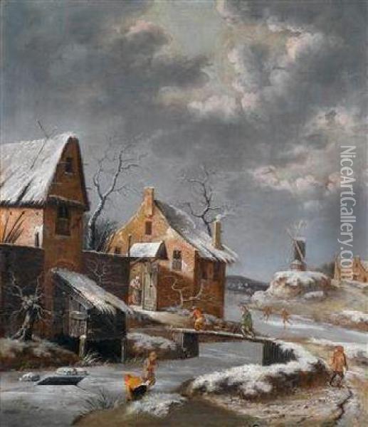 Winterlandschaft Mitgebauden An Einem Kanal Oil Painting - Johannes Maes