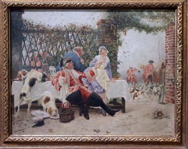 A Hunt Luncheon, With Huntsmen Readying The Hounds, The Master Trying To Attract The Attention Of A Maid And Dogs Scavenging From The Table Oil Painting - Charles Edouard Edmond Delort
