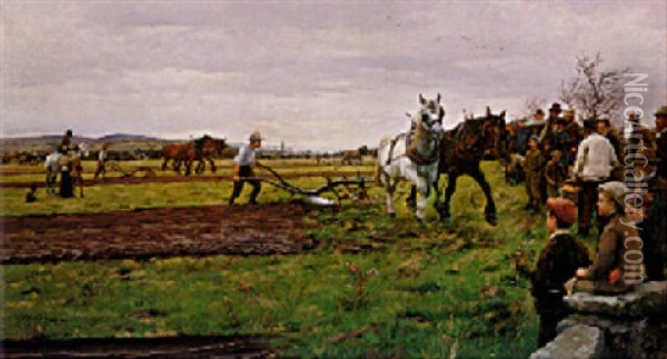 A Ploughing Match, Cornwall Oil Painting - William Banks Fortescue