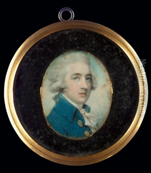 Portrait Of A Gentleman, Head And Shoulders, With A Powdered Hair En Queue, Wearing A Blue Coat With Brass Buttons And A White Tied Cravat, Cloud And Sky Background Oil Painting - Richard Cosway