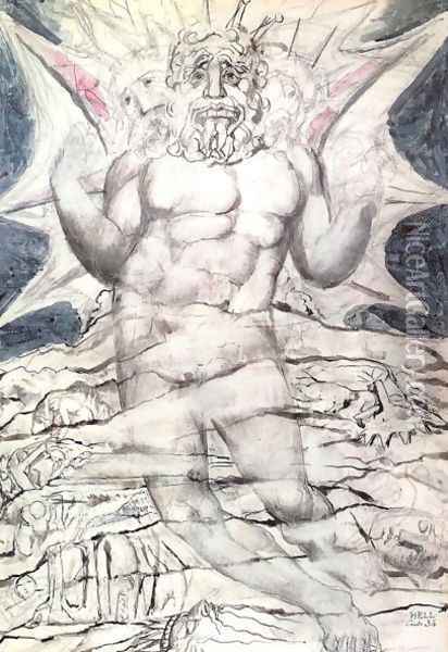 Inferno, Canto XXXIV, 22-64, Lucifer at the last section of the nineth circle Oil Painting - William Blake