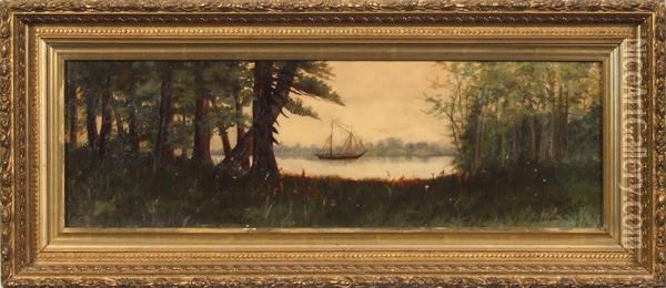 Forest Landscape With Lake And Sailboat At Center Oil Painting - Clarence M. Johns