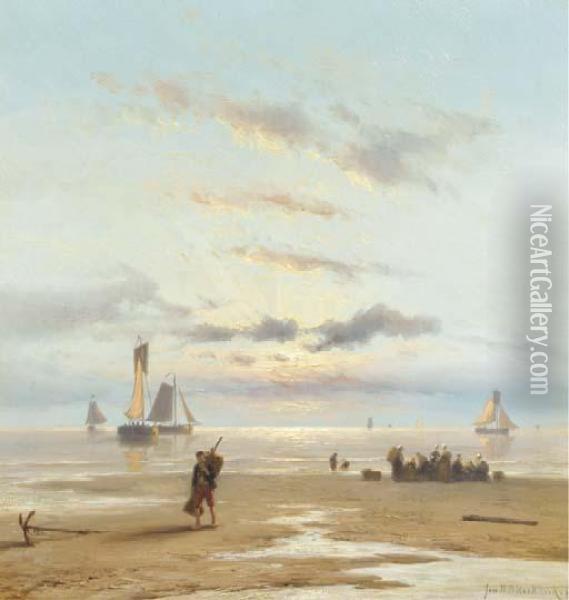 Sunset At Scheveningen Beach Oil Painting - Johannes Hermann Barend Koekkoek