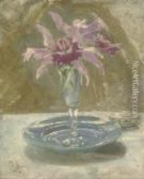 Pink Cattleyas In A Wine Glass On A Plate Oil Painting - William Nicholson