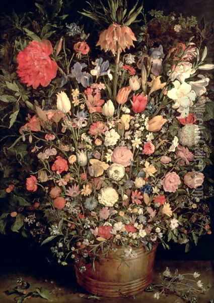 Large bouquet of flowers in a wooden tub 1606 07 Oil Painting - Jan The Elder Brueghel