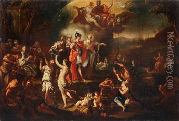 Anchises Zeigt Dem Aeneas In Den Seligen Gefilden Die Zukunftige Roma Oil Painting - Johann Heinrich Schoenfeldt