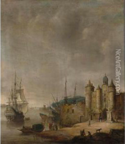 A Harbour Scene With A Man-of-war And Other Shipping, Figures Conversing On The Shore Oil Painting - Jan Abrahamsz. Beerstraaten