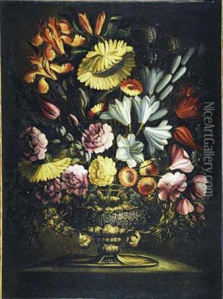 Flores En Un Jarron De Bronce Sobre Una Repisa Oil Painting - Maestro De Los Vasos Grutescos