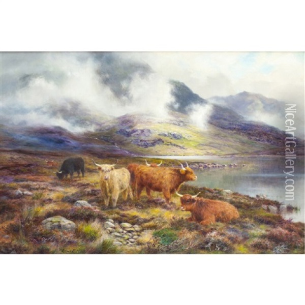 Highland Cattle By The Lochside Oil Painting - Louis Bosworth Hurt