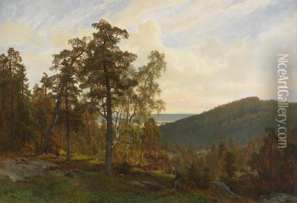 Lanskapsvy Med Flicka I Skogsbacke - Sommar Oil Painting - Oscar Emil Torna