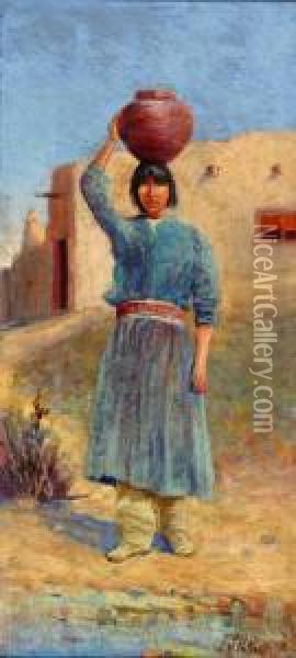 Pueblo Indian Girl, New Mexico Oil Painting - Richard H. Tallant