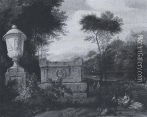 An Italianate Landscape With Figures By A Monumental Sarcophagus Oil Painting - Jan Van Huysum