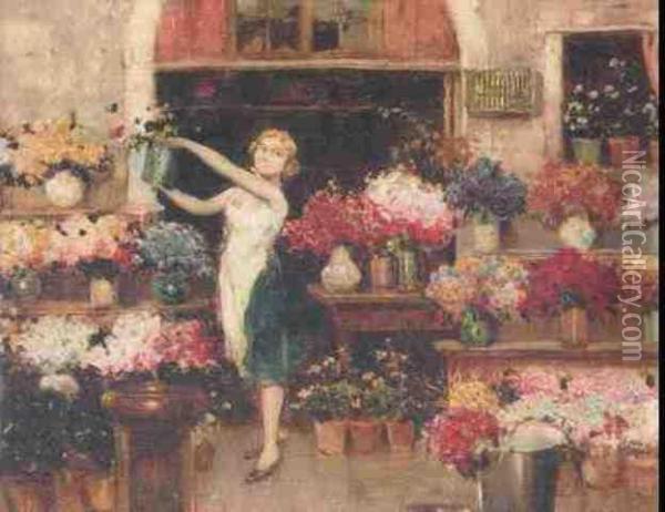 Flower Seller Oil Painting - Cesare C. Vianello