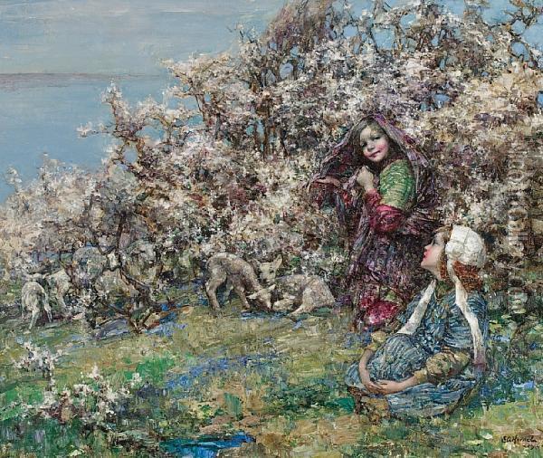 Lambs And Blossom Oil Painting - Edward Atkinson Hornel