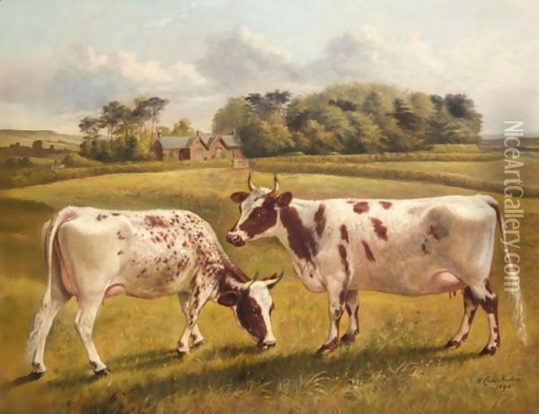 Pinky II And Polly II, Two Prize Pedigree Ayrshire Cows In A Spring Landscape Oil Painting - Benjamin Cam Norton