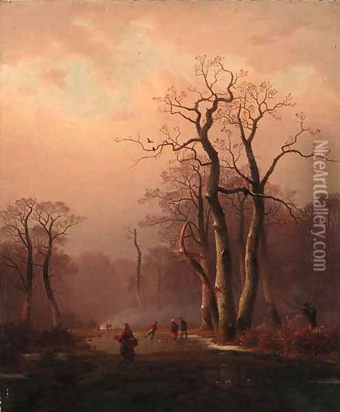 Figures in a frozen Winter landscape Oil Painting - Charles Leickert
