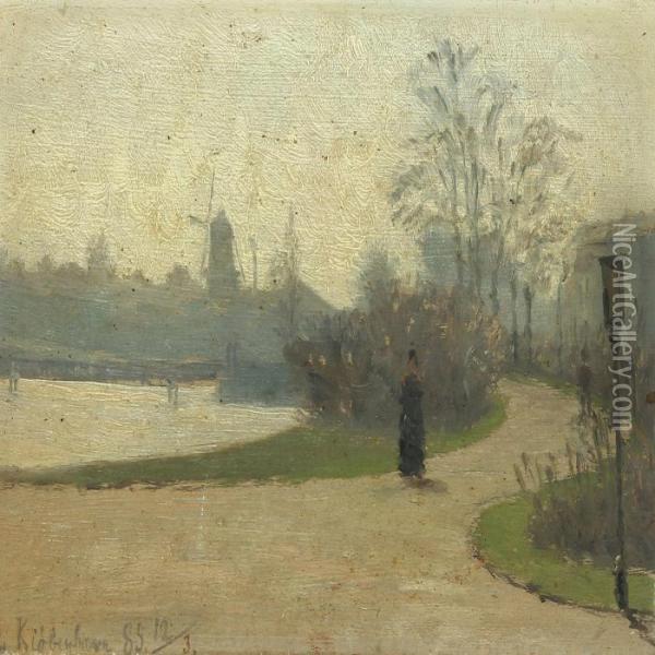 Scenery From Oerstedparken With Walking People Oil Painting - Marie Luplau