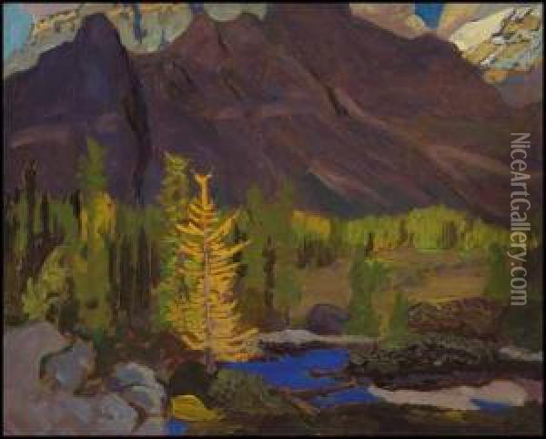 Tamarack And Mountain Stream, Lake O'hara Camp Oil Painting - James Edward Hervey MacDonald