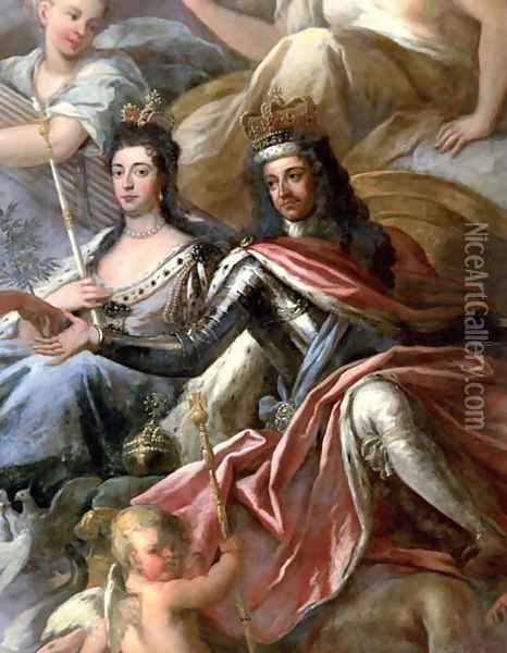 Ceiling of the Painted Hall, detail of King William III 1650-1702 and Queen Mary II 1662-94 Enthroned, 1707-14 Oil Painting - Sir James Thornhill