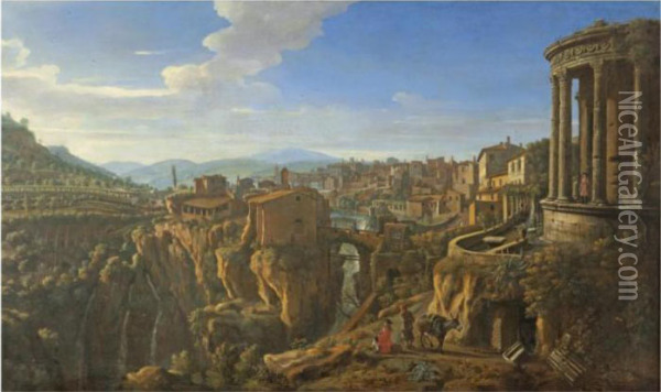 A View Of Tivoli, With The Temple Of Vesta And The Bridge Of Sanmartino Oil Painting - (circle of) Wittel, Gaspar van (Vanvitelli)