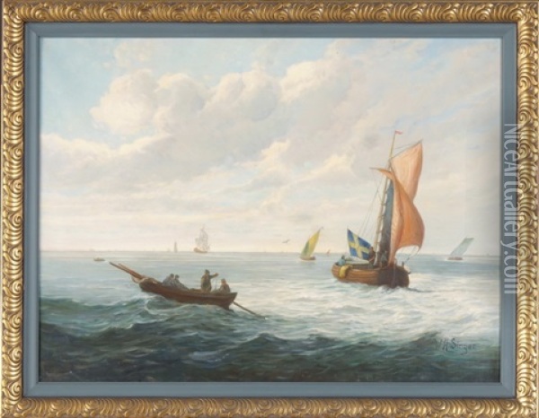 Marine Mit Ruder- Und Segelbooten Oil Painting - William Henry Singer Jr.