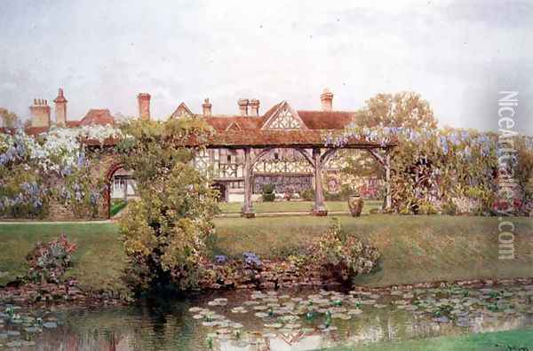 Great Tangley Manor Surrey with the Lily Pond and covered walk Oil Painting - Thomas H. Hunn
