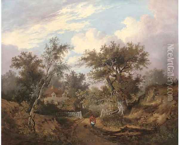 Figure by a cottage in a wooded landscape Oil Painting - John Berney Ladbrooke