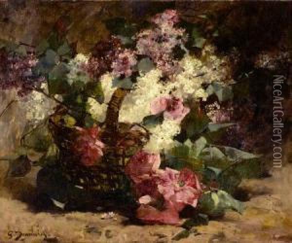 Bouquet Of Flowers In Basket Oil Painting - Georges Jeannin