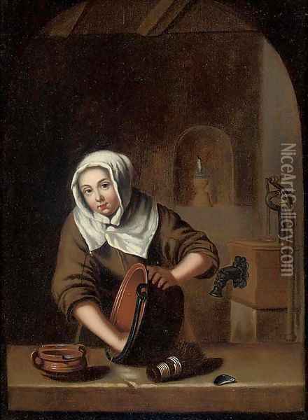 A woman cleaning pots at a casement Oil Painting - Gerrit Dou