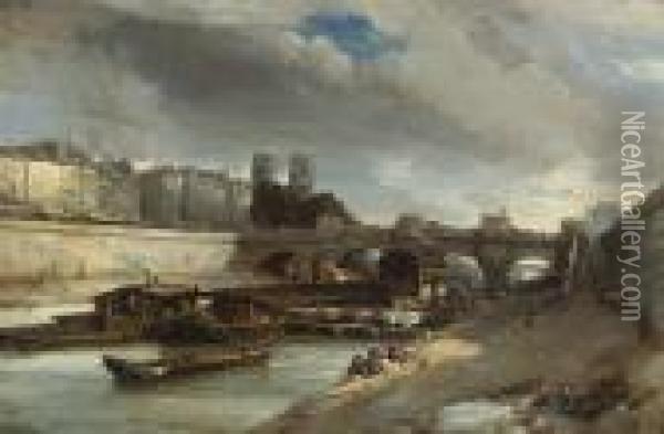 Bateau-lavoir Pres Du Pont-neuf, Paris Oil Painting - Johan Barthold Jongkind