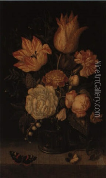 Still Life Of Flowers In A Glass Vase On A Ledge Oil Painting - Ambrosius Bosschaert the Elder