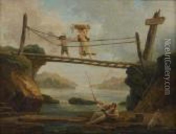 Pecheur Distrait Par Une Lavandiere Traversant Le Pont Oil Painting - Hubert Robert
