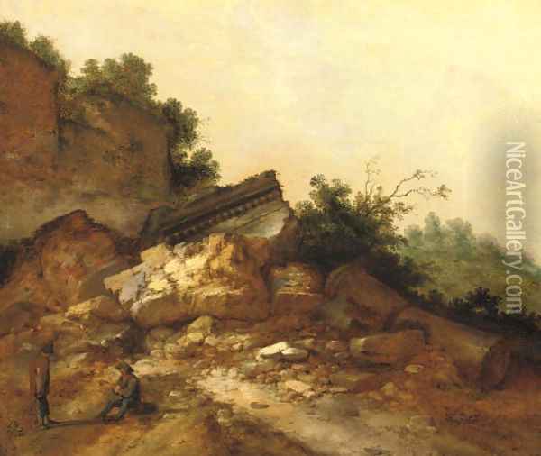 A rocky landscape with two peasants conversing near classical ruins Oil Painting - Jacobus Sibrandi Mancadan