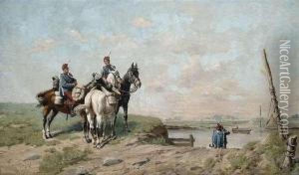 Soldiers On Horseback At A River Oil Painting - Laszlo Pataky Von Sospatak