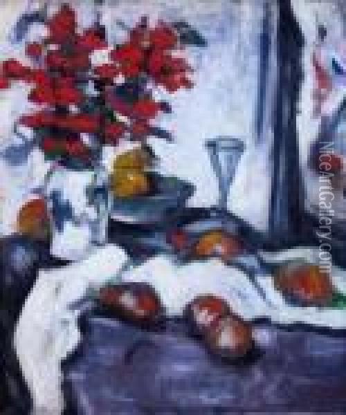Stilllife With Vase Of Flowers And Fruit Oil Painting - Samuel John Peploe