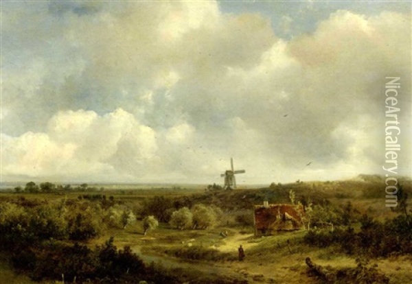 Figures In An Extensive Summer Landscape, A Windmill In The Distance Oil Painting - Pieter Lodewijk Francisco Kluyver