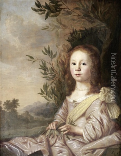 Portrait Of A Young Girl In A Pink Silk Dress And A Yellow Sash, Holding A Laurel Branch, Seated Before An Open Landscape Oil Painting - Pieter Nason