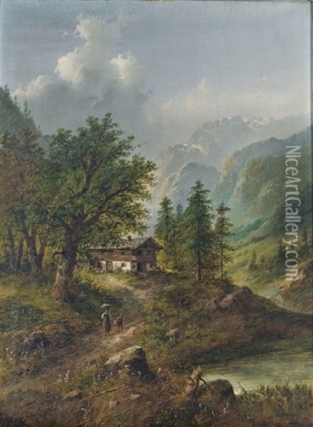 Gebirgslandschaft In Den Alpen Mit Malerischem Gehoft Und Figurenstaffage Oil Painting - Eduard Boehm