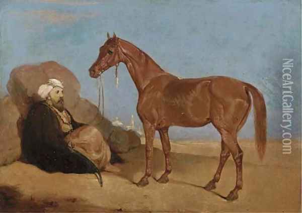 An Arab smoking a pipe, a horse to his side Oil Painting - Leopold Carl Muller