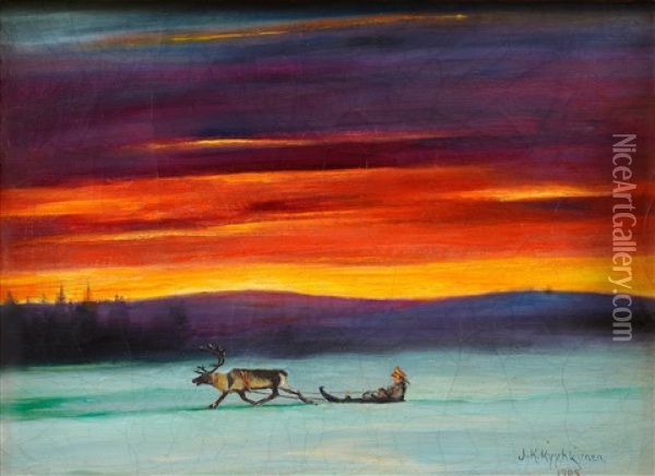 Lapplander And Polar Night Sky Oil Painting - Juho Kyyhkynen