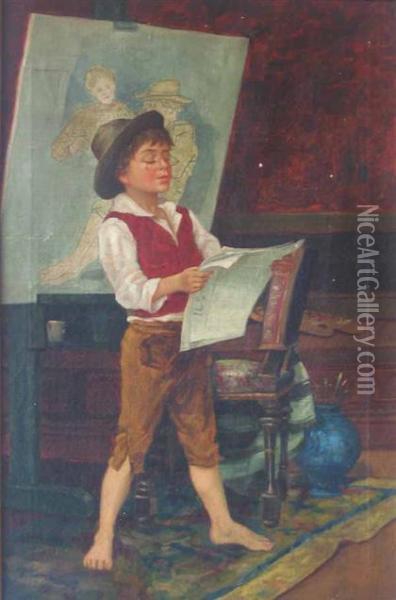 A Boy Reading The Paper Oil Painting - G. Hecht