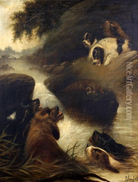 Terriers Ratting (+ An Otter Hunt; Pair) Oil Painting - Edward Armfield
