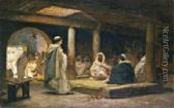 Ecole Americaine
 Cafe Biskra Oil Painting - Frederick Arthur Bridgman