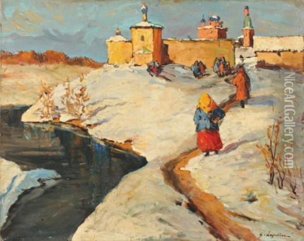 Village Sous La Neige Oil Painting - Georges Lapchine