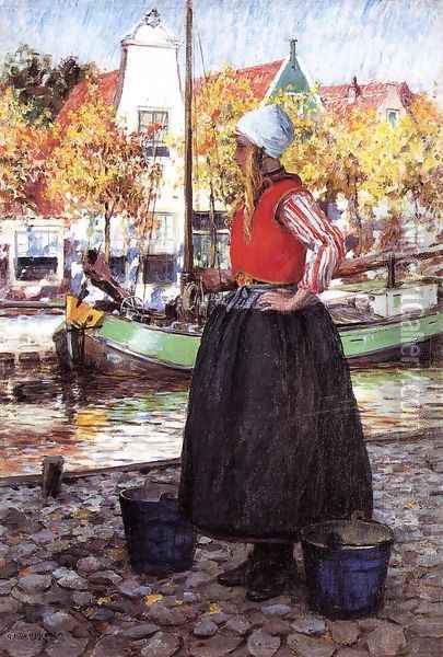Woman Along Canal (or A Young Dutch Girl) Oil Painting - George Hitchcock