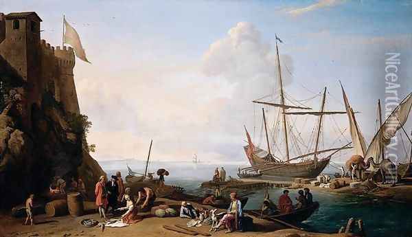 Mediterranean Harbour Scene c. 1758 Oil Painting - Adrien Manglard